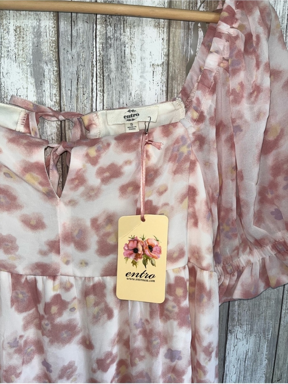 NWT Entro Pink Floral Puff Sleeve Open Back High Low Midi Dress S - Picture 6 of 7